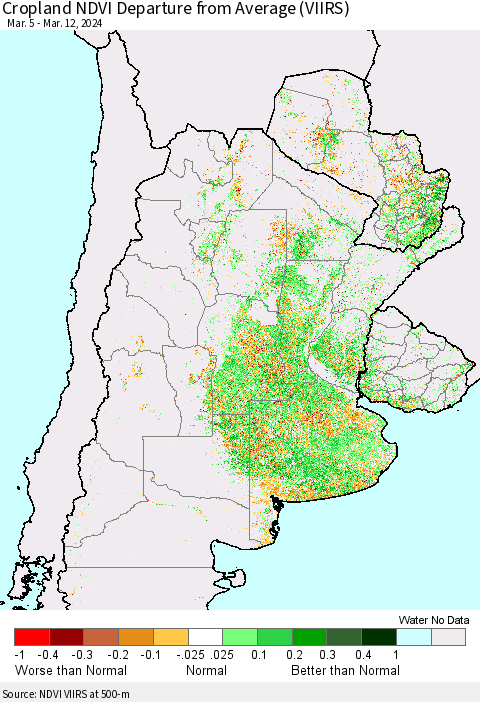 Southern South America Cropland NDVI Departure from Average (VIIRS) Thematic Map For 3/5/2024 - 3/12/2024