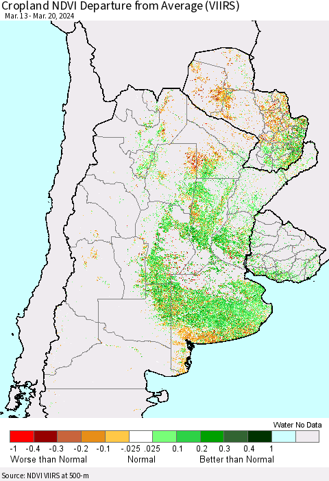 Southern South America Cropland NDVI Departure from Average (VIIRS) Thematic Map For 3/13/2024 - 3/20/2024