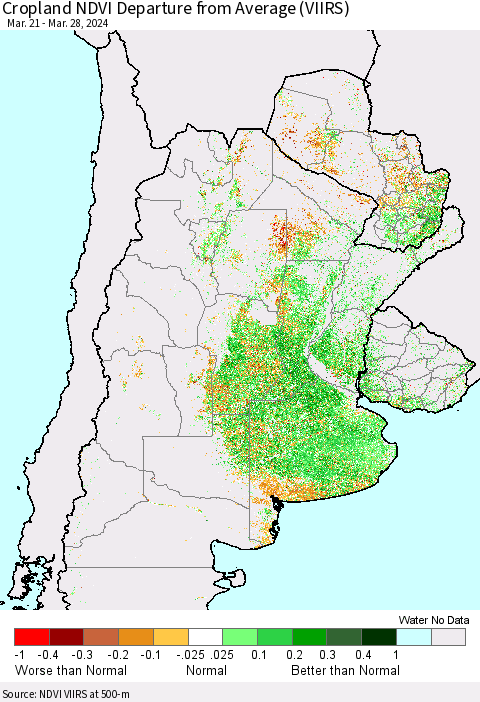Southern South America Cropland NDVI Departure from Average (VIIRS) Thematic Map For 3/21/2024 - 3/28/2024
