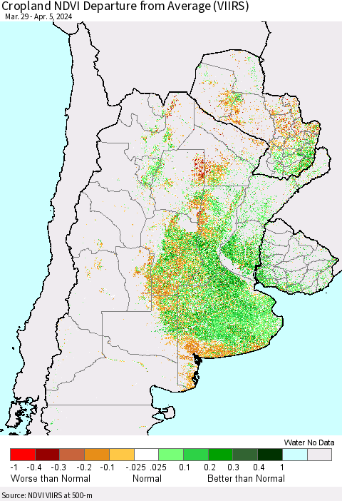 Southern South America Cropland NDVI Departure from Average (VIIRS) Thematic Map For 3/29/2024 - 4/5/2024