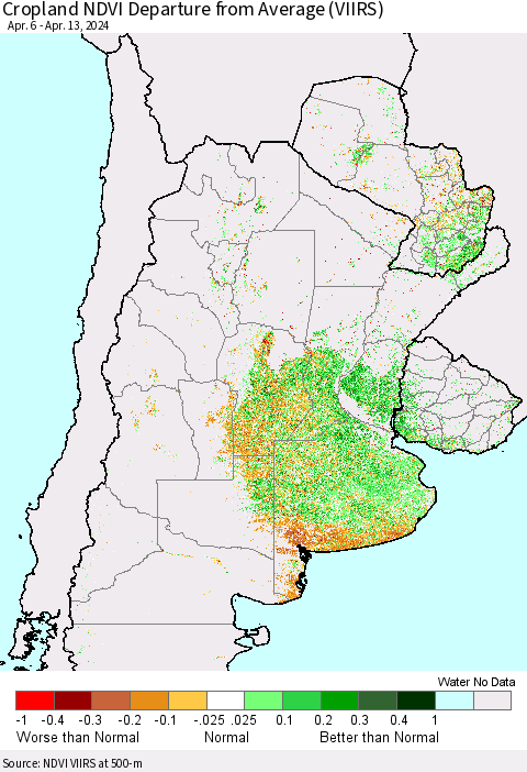 Southern South America Cropland NDVI Departure from Average (VIIRS) Thematic Map For 4/6/2024 - 4/13/2024
