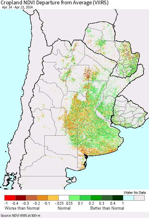 Southern South America Cropland NDVI Departure from Average (VIIRS) Thematic Map For 4/14/2024 - 4/21/2024