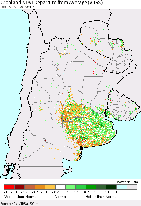 Southern South America Cropland NDVI Departure from Average (VIIRS) Thematic Map For 4/22/2024 - 4/29/2024