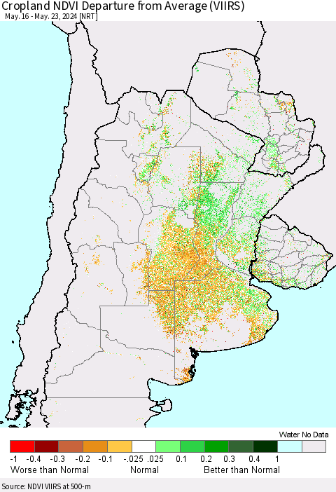 Southern South America Cropland NDVI Departure from Average (VIIRS) Thematic Map For 5/16/2024 - 5/23/2024