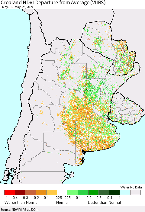 Southern South America Cropland NDVI Departure from Average (VIIRS) Thematic Map For 5/16/2024 - 5/23/2024