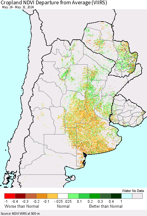Southern South America Cropland NDVI Departure from Average (VIIRS) Thematic Map For 5/24/2024 - 5/31/2024