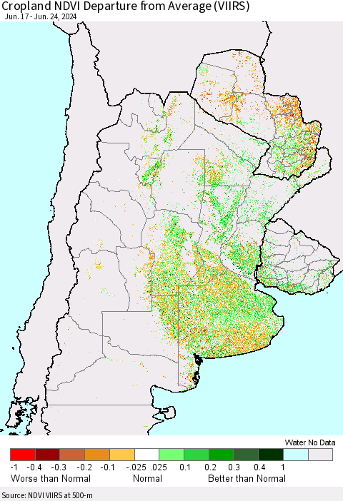Southern South America Cropland NDVI Departure from Average (VIIRS) Thematic Map For 6/17/2024 - 6/24/2024