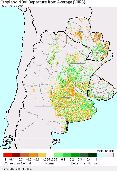 Southern South America Cropland NDVI Departure from Average (VIIRS) Thematic Map For 7/3/2024 - 7/10/2024