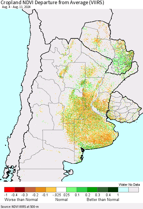 Southern South America Cropland NDVI Departure from Average (VIIRS) Thematic Map For 8/4/2024 - 8/11/2024