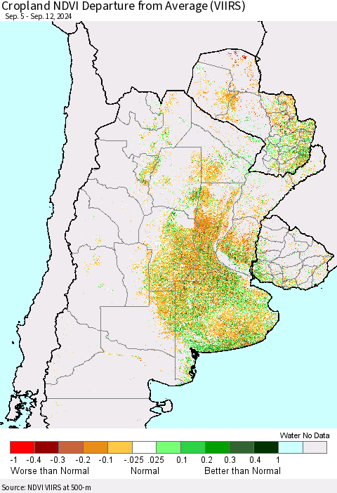Southern South America Cropland NDVI Departure from Average (VIIRS) Thematic Map For 9/5/2024 - 9/12/2024