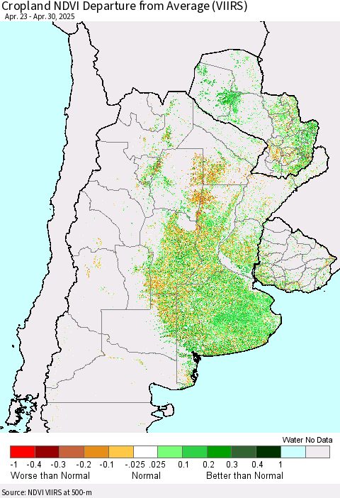 Southern South America Cropland NDVI Departure from Average (VIIRS) Thematic Map For 4/23/2025 - 4/30/2025