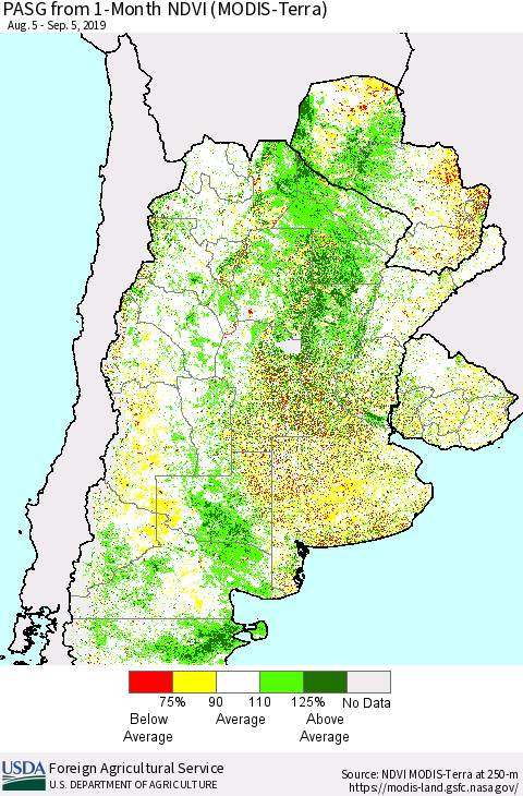 Southern South America PASG from 1-Month NDVI (Terra-MODIS) Thematic Map For 9/1/2019 - 9/10/2019