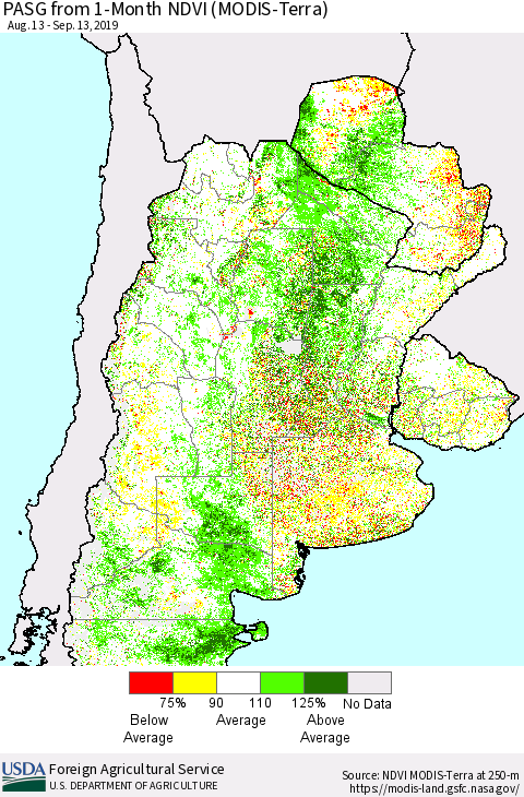 Southern South America PASG from 1-Month NDVI (Terra-MODIS) Thematic Map For 9/11/2019 - 9/20/2019