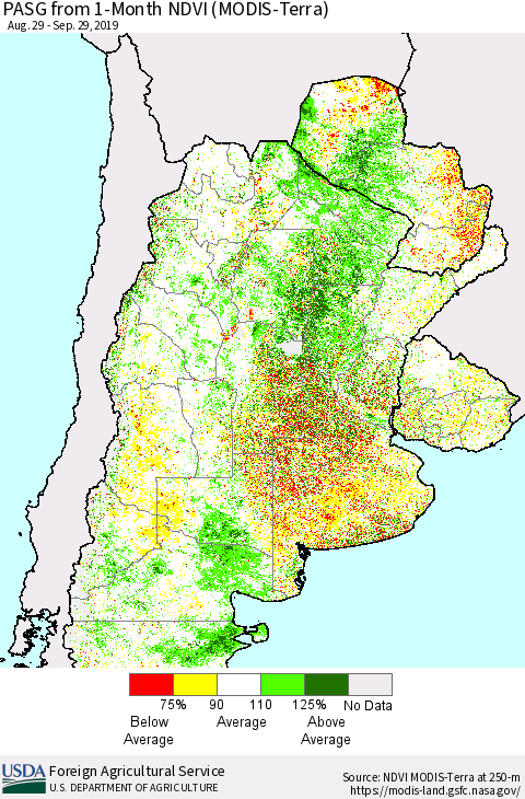 Southern South America PASG from 1-Month NDVI (Terra-MODIS) Thematic Map For 9/21/2019 - 9/30/2019