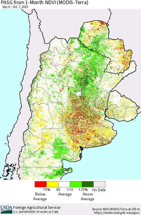 Southern South America PASG from 1-Month NDVI (Terra-MODIS) Thematic Map For 10/1/2019 - 10/10/2019