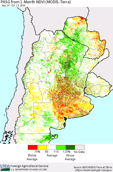 Southern South America PASG from 1-Month NDVI (Terra-MODIS) Thematic Map For 10/11/2019 - 10/20/2019