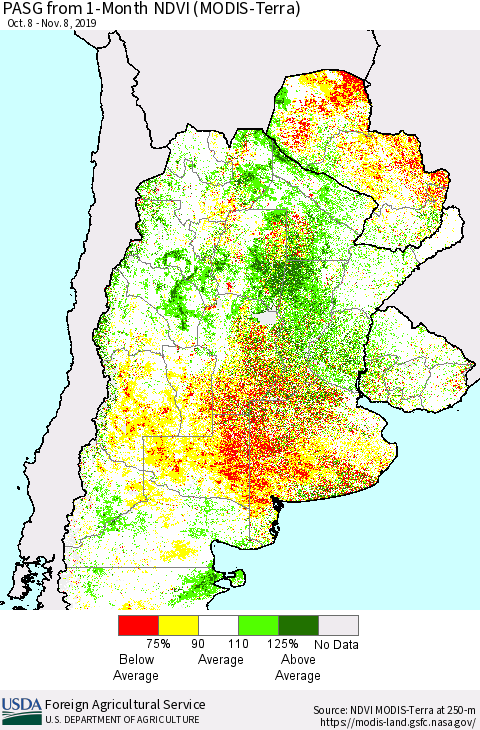 Southern South America PASG from 1-Month NDVI (Terra-MODIS) Thematic Map For 11/1/2019 - 11/10/2019