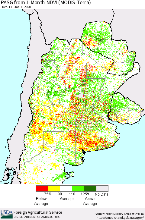 Southern South America PASG from 1-Month NDVI (Terra-MODIS) Thematic Map For 1/1/2020 - 1/10/2020