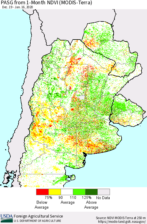 Southern South America PASG from 1-Month NDVI (Terra-MODIS) Thematic Map For 1/11/2020 - 1/20/2020