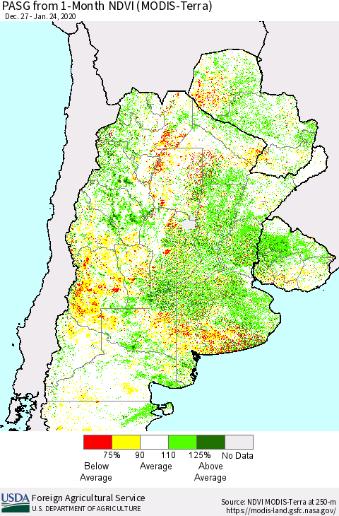 Southern South America PASG from 1-Month NDVI (Terra-MODIS) Thematic Map For 1/21/2020 - 1/31/2020