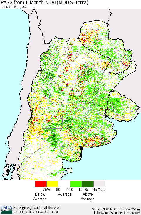 Southern South America PASG from 1-Month NDVI (Terra-MODIS) Thematic Map For 2/1/2020 - 2/10/2020