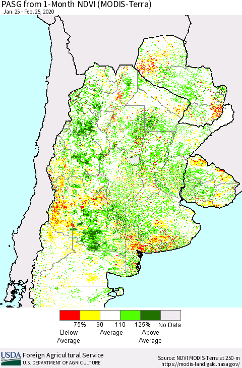 Southern South America PASG from 1-Month NDVI (Terra-MODIS) Thematic Map For 2/21/2020 - 2/29/2020