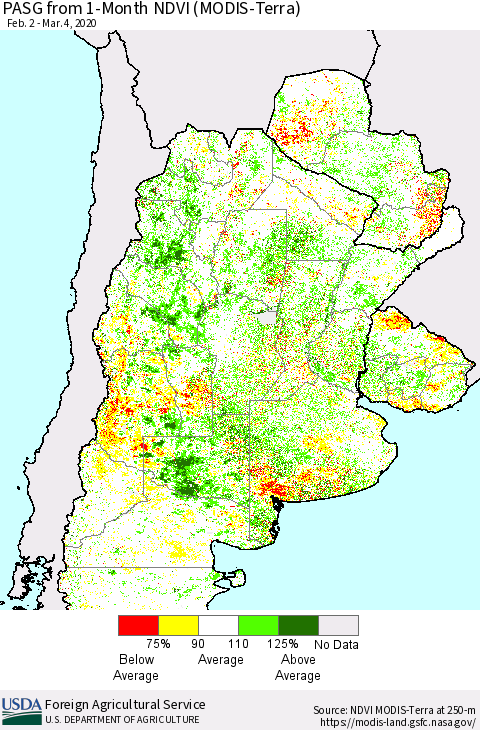 Southern South America PASG from 1-Month NDVI (Terra-MODIS) Thematic Map For 3/1/2020 - 3/10/2020