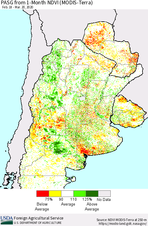Southern South America PASG from 1-Month NDVI (Terra-MODIS) Thematic Map For 3/11/2020 - 3/20/2020