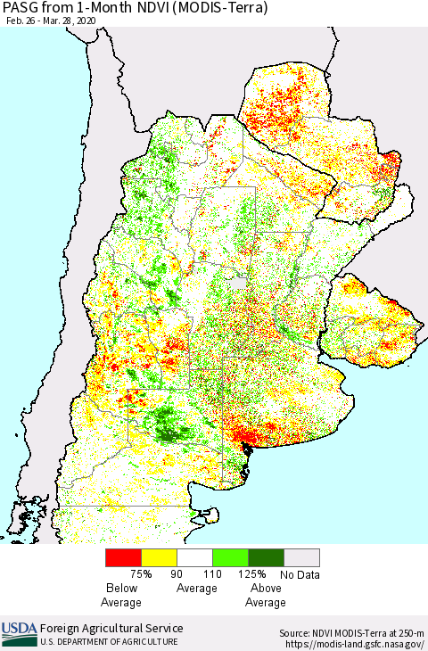 Southern South America PASG from 1-Month NDVI (Terra-MODIS) Thematic Map For 3/21/2020 - 3/31/2020