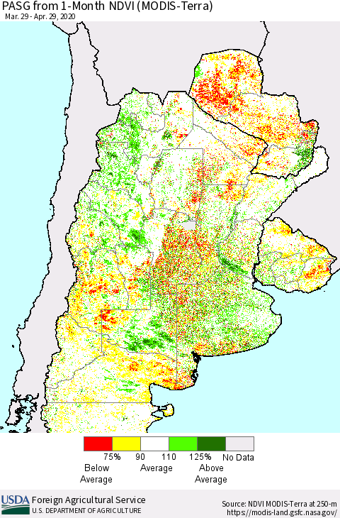 Southern South America PASG from 1-Month NDVI (Terra-MODIS) Thematic Map For 4/21/2020 - 4/30/2020
