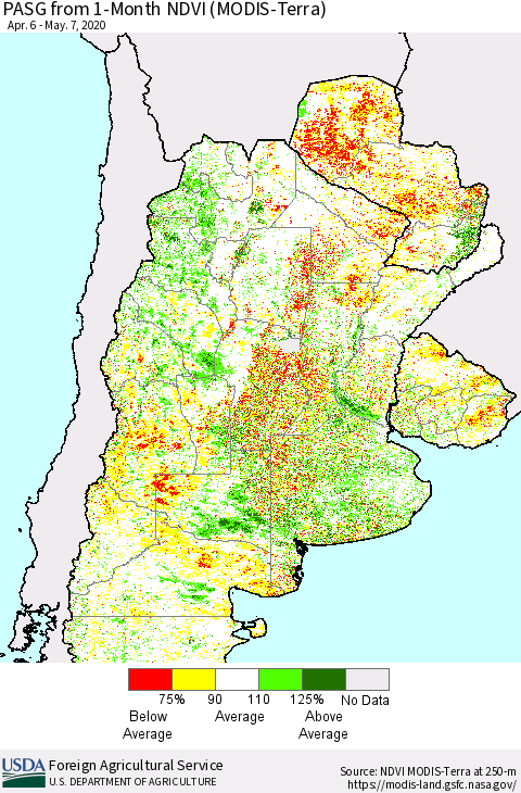 Southern South America PASG from 1-Month NDVI (Terra-MODIS) Thematic Map For 5/1/2020 - 5/10/2020
