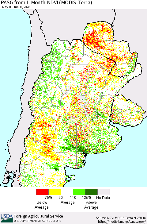 Southern South America PASG from 1-Month NDVI (Terra-MODIS) Thematic Map For 6/1/2020 - 6/10/2020
