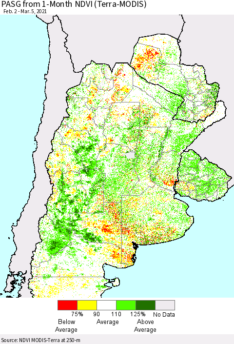 Southern South America PASG from 1-Month NDVI (Terra-MODIS) Thematic Map For 2/26/2021 - 3/5/2021