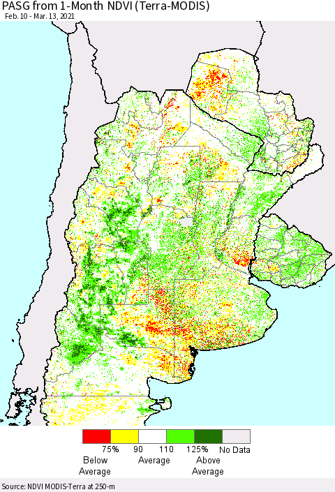 Southern South America PASG from 1-Month NDVI (Terra-MODIS) Thematic Map For 3/6/2021 - 3/13/2021