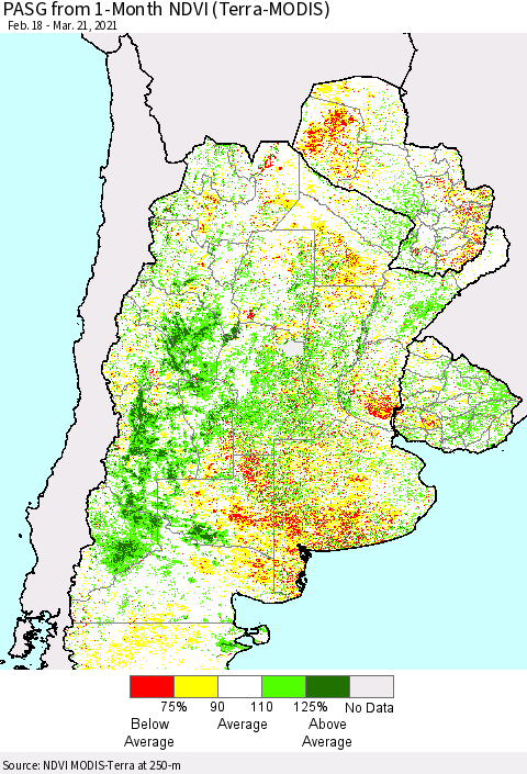 Southern South America PASG from 1-Month NDVI (Terra-MODIS) Thematic Map For 3/14/2021 - 3/21/2021