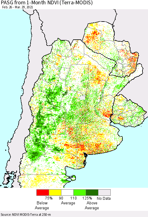 Southern South America PASG from 1-Month NDVI (Terra-MODIS) Thematic Map For 3/22/2021 - 3/29/2021