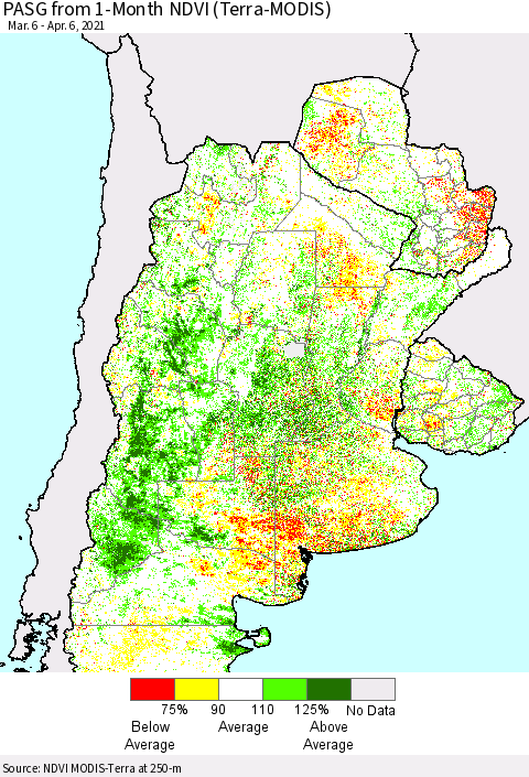 Southern South America PASG from 1-Month NDVI (Terra-MODIS) Thematic Map For 3/30/2021 - 4/6/2021