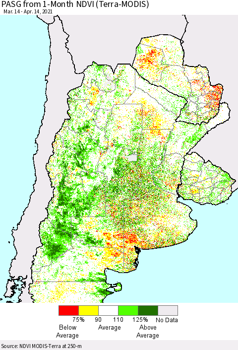Southern South America PASG from 1-Month NDVI (Terra-MODIS) Thematic Map For 4/7/2021 - 4/14/2021