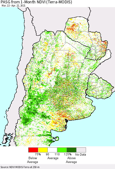 Southern South America PASG from 1-Month NDVI (Terra-MODIS) Thematic Map For 4/15/2021 - 4/22/2021
