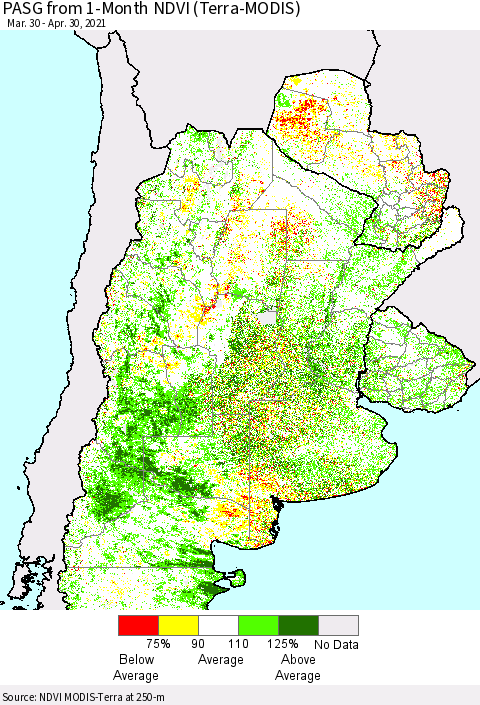 Southern South America PASG from 1-Month NDVI (Terra-MODIS) Thematic Map For 4/23/2021 - 4/30/2021