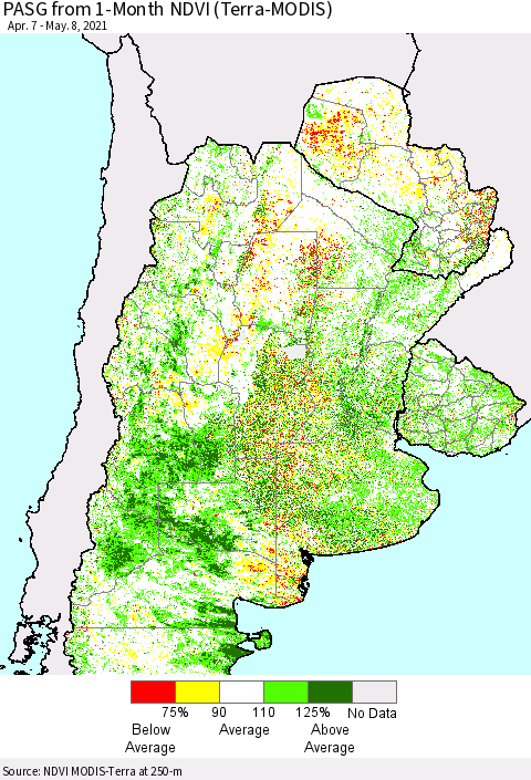 Southern South America PASG from 1-Month NDVI (Terra-MODIS) Thematic Map For 5/1/2021 - 5/8/2021