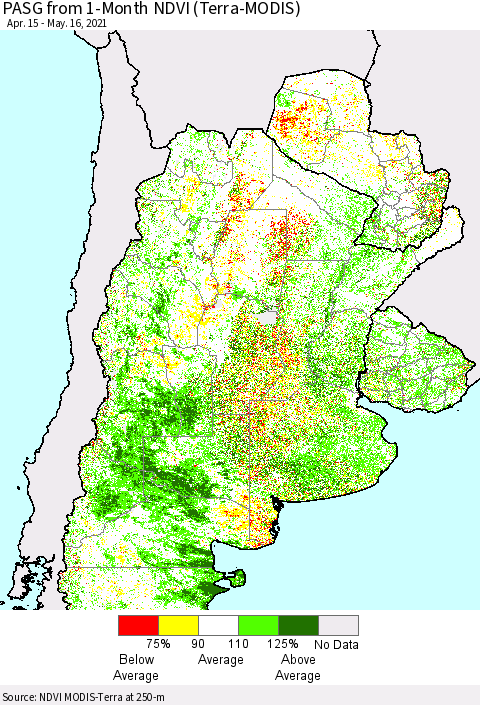 Southern South America PASG from 1-Month NDVI (Terra-MODIS) Thematic Map For 5/9/2021 - 5/16/2021