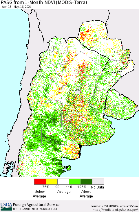 Southern South America PASG from 1-Month NDVI (Terra-MODIS) Thematic Map For 5/11/2021 - 5/20/2021