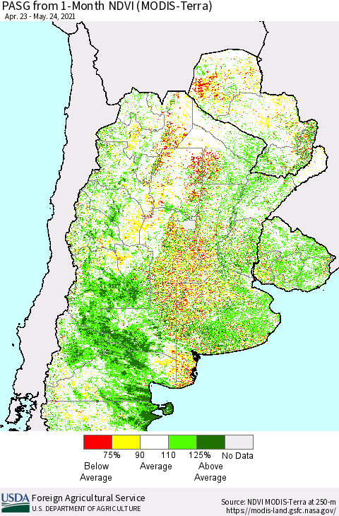 Southern South America PASG from 1-Month NDVI (Terra-MODIS) Thematic Map For 5/21/2021 - 5/31/2021
