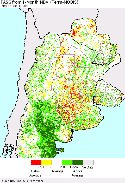 Southern South America PASG from 1-Month NDVI (Terra-MODIS) Thematic Map For 6/10/2021 - 6/17/2021