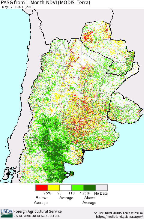 Southern South America PASG from 1-Month NDVI (Terra-MODIS) Thematic Map For 6/11/2021 - 6/20/2021
