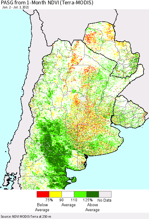 Southern South America PASG from 1-Month NDVI (Terra-MODIS) Thematic Map For 6/26/2021 - 7/3/2021