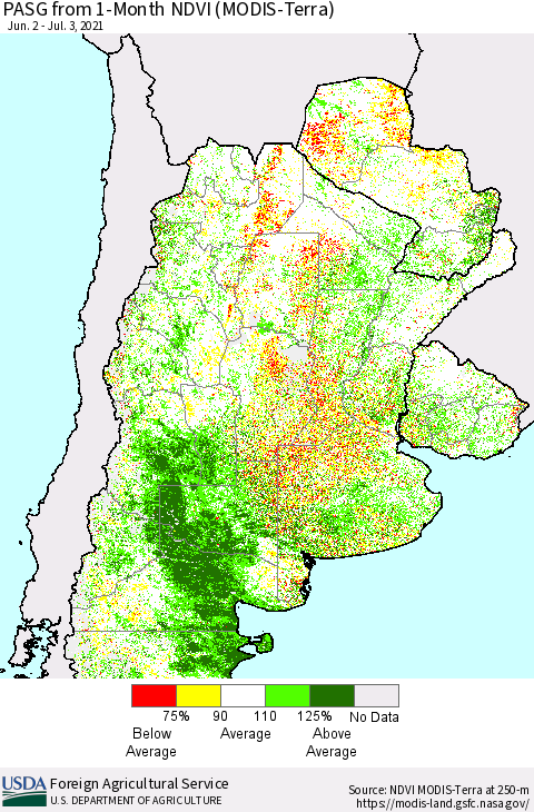 Southern South America PASG from 1-Month NDVI (Terra-MODIS) Thematic Map For 7/1/2021 - 7/10/2021