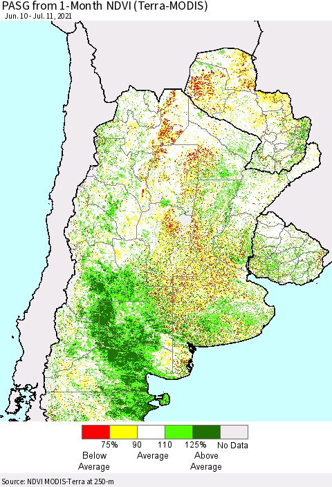 Southern South America PASG from 1-Month NDVI (Terra-MODIS) Thematic Map For 7/4/2021 - 7/11/2021