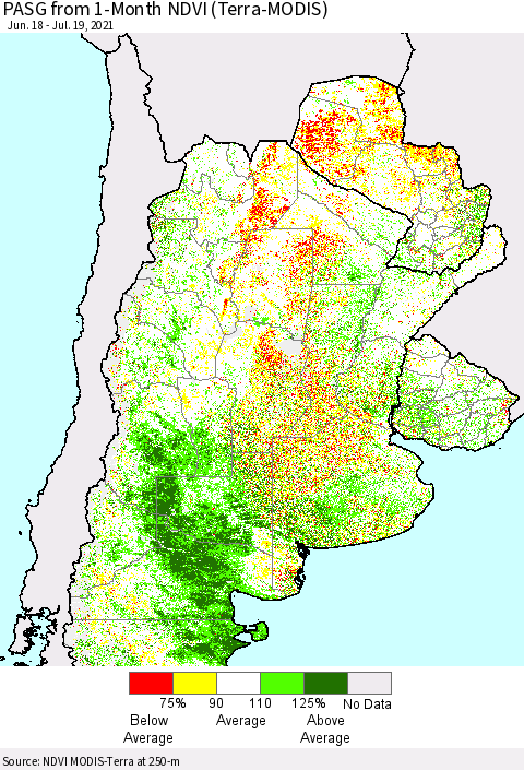 Southern South America PASG from 1-Month NDVI (Terra-MODIS) Thematic Map For 7/12/2021 - 7/19/2021